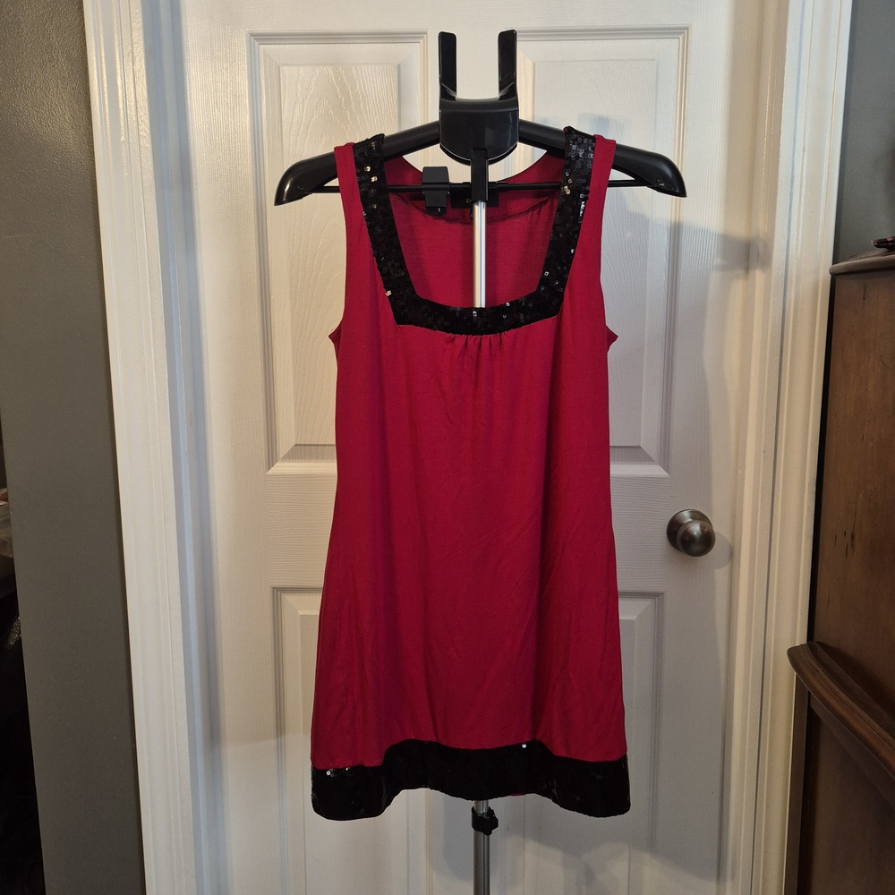 Red Sleeveless Dress with Black Sequin Trim